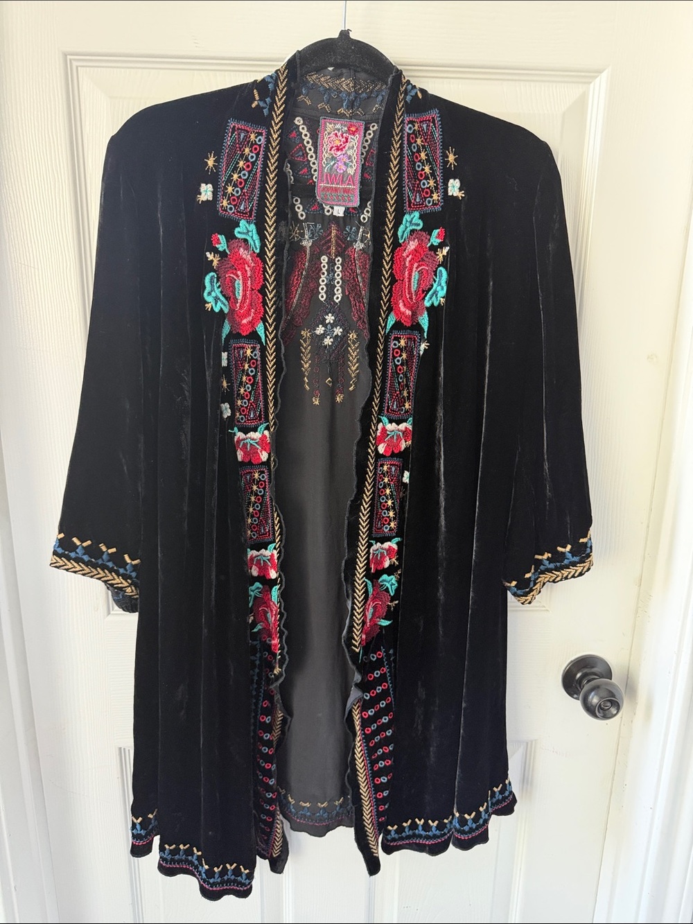 Johnny Was Black Velvet Open-Front Embroidered kimono